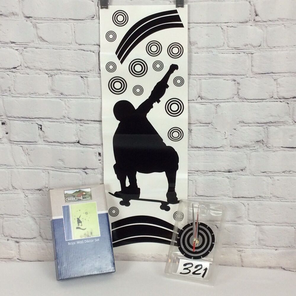 Cobble Creek Boys’ Wall Decor Skateboarder Clock Peal & Stick Sports Black